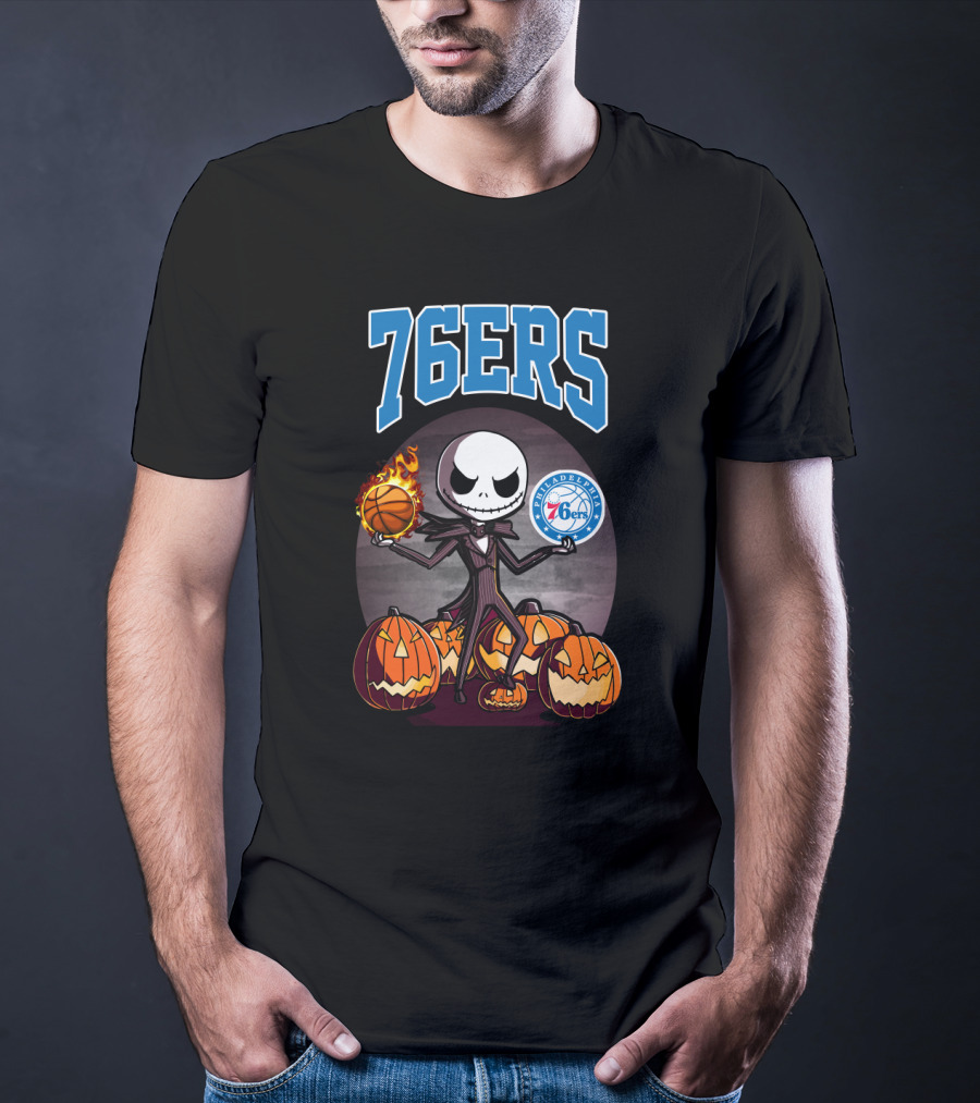 Philadelphia 76ers Jack Skellington Halloween Basketball Pumpkins T-Shirt