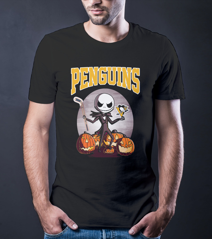 Penguins Jack Skellington Holding Hockey Logo With Pumpkins Halloween T-Shirt