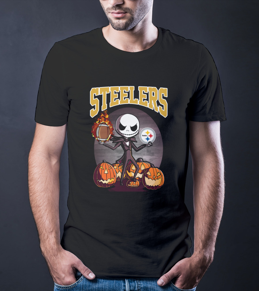 Steelers Jack Skellington Halloween Pumpkins Flaming Football Logos T-Shirt