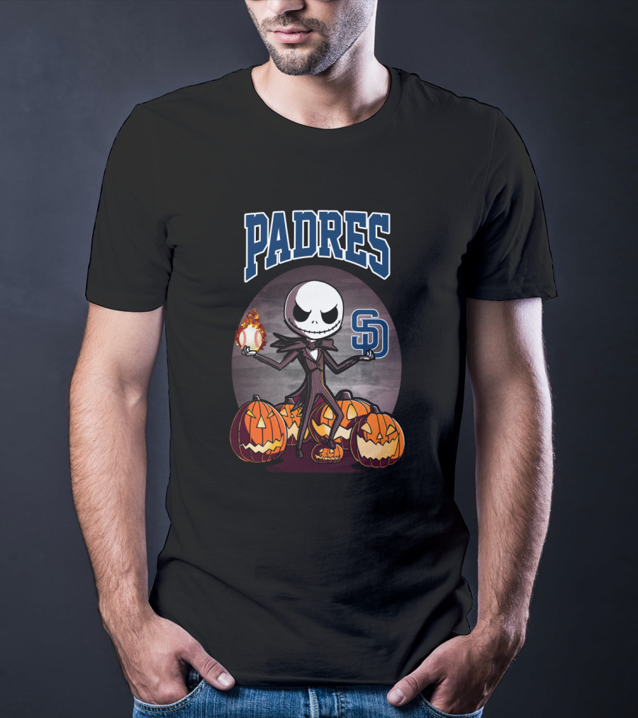Jack Skellington With San Diego Padres Baseball And Halloween Pumpkins T-Shirt
