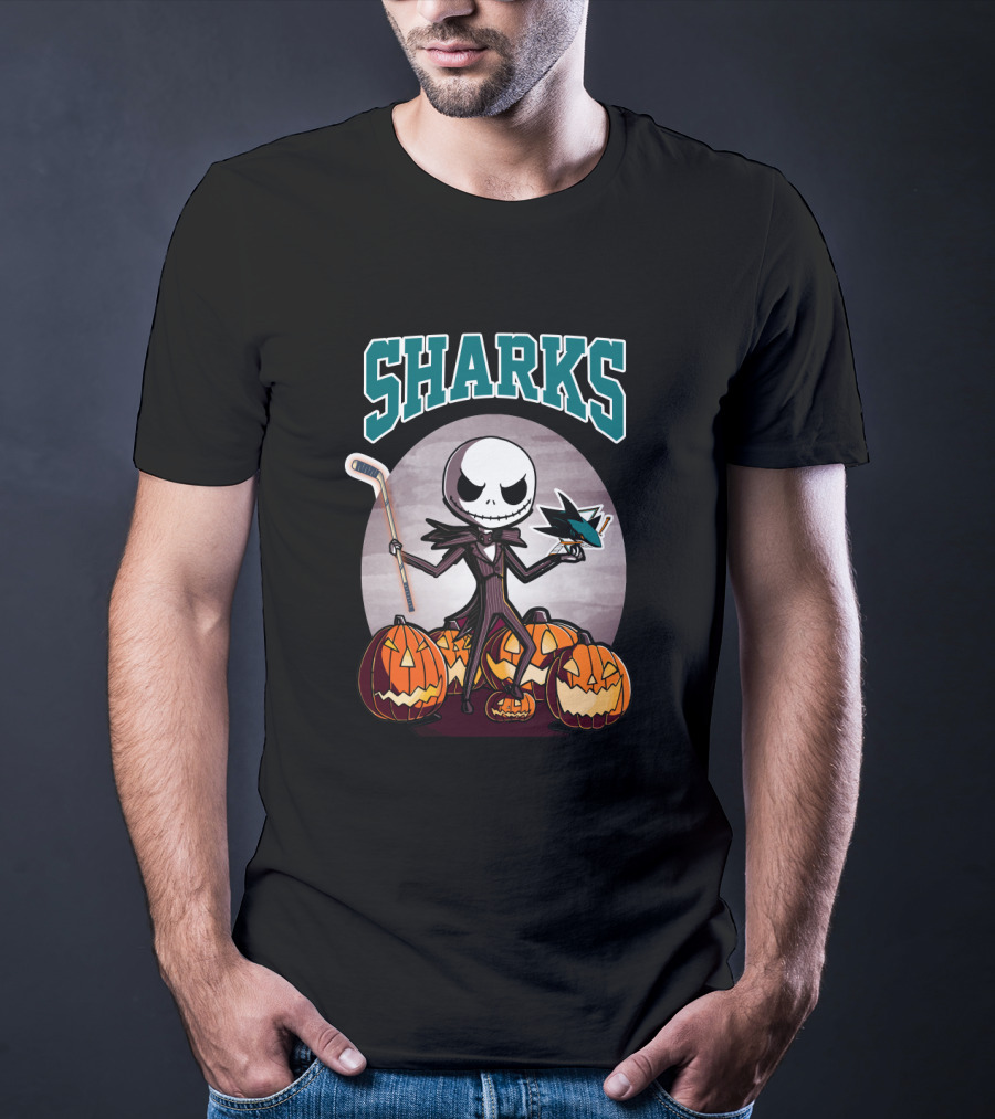 Jack Skellington San Jose Sharks Halloween Hockey Pumpkins T-Shirt
