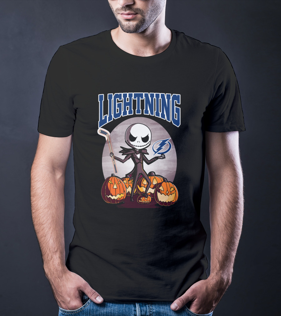 Jack Skellington Halloween Tampa Bay Lightning Hockey And Pumpkins T-Shirt