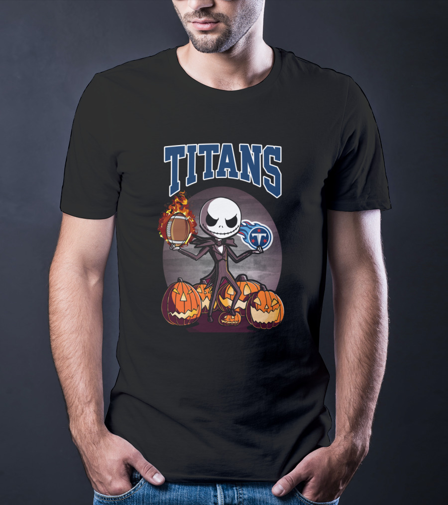 Halloween Jack Skellington With Pumpkins And Tennessee Titans Football T-Shirt