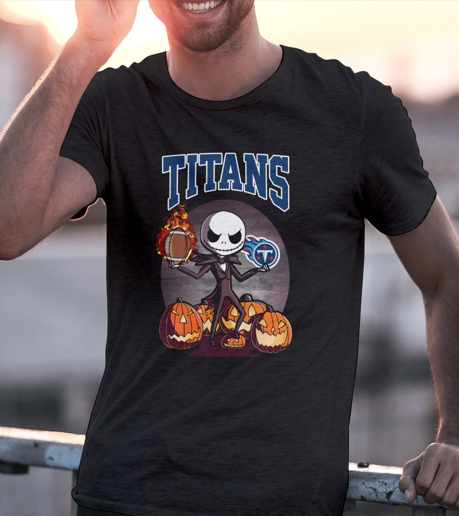 Halloween Jack Skellington With Pumpkins And Tennessee Titans Football T-Shirt