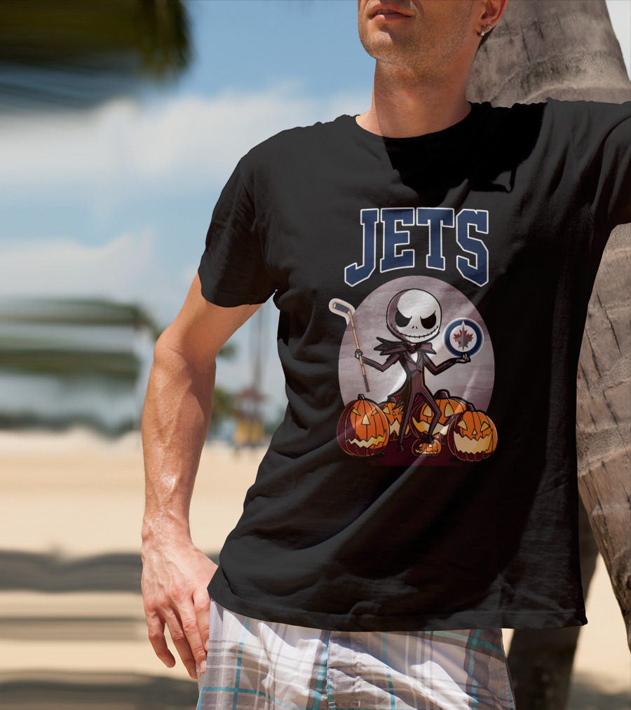Jack Skellington Halloween Winnipeg Jets Hockey And Pumpkins T-Shirt