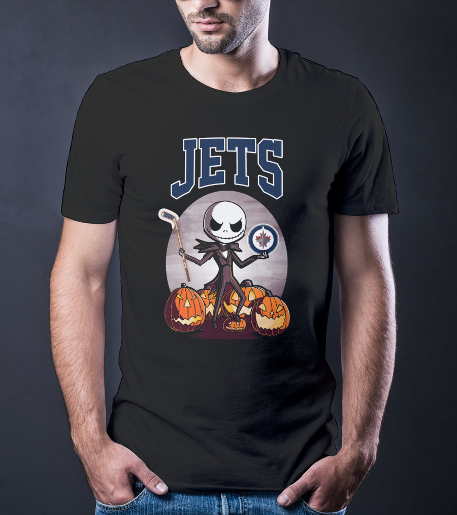 Jack Skellington Halloween Winnipeg Jets Hockey And Pumpkins T-Shirt