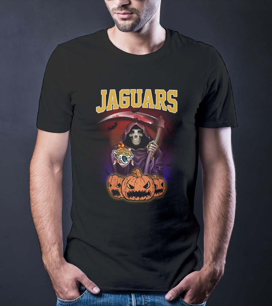 Jaguars Grim Reaper With Scythe And Pumpkins Halloween T-Shirt