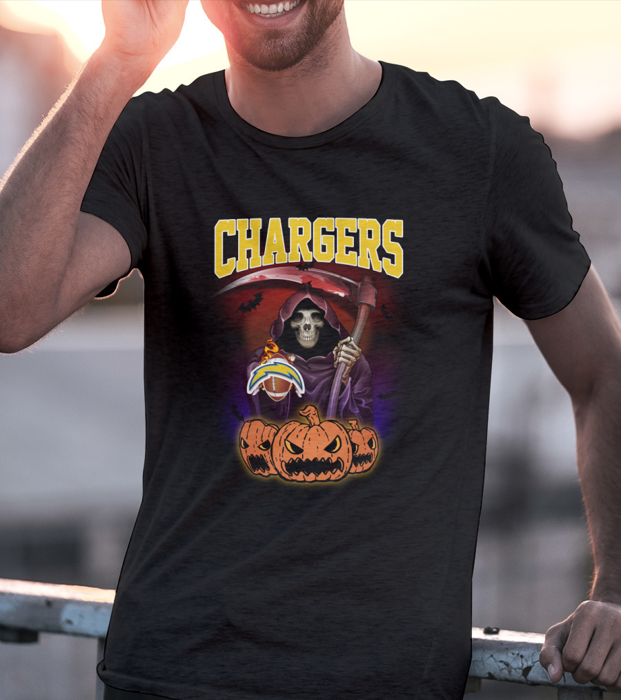 Chargers Grim Reaper With Pumpkins And Football Halloween T-Shirt