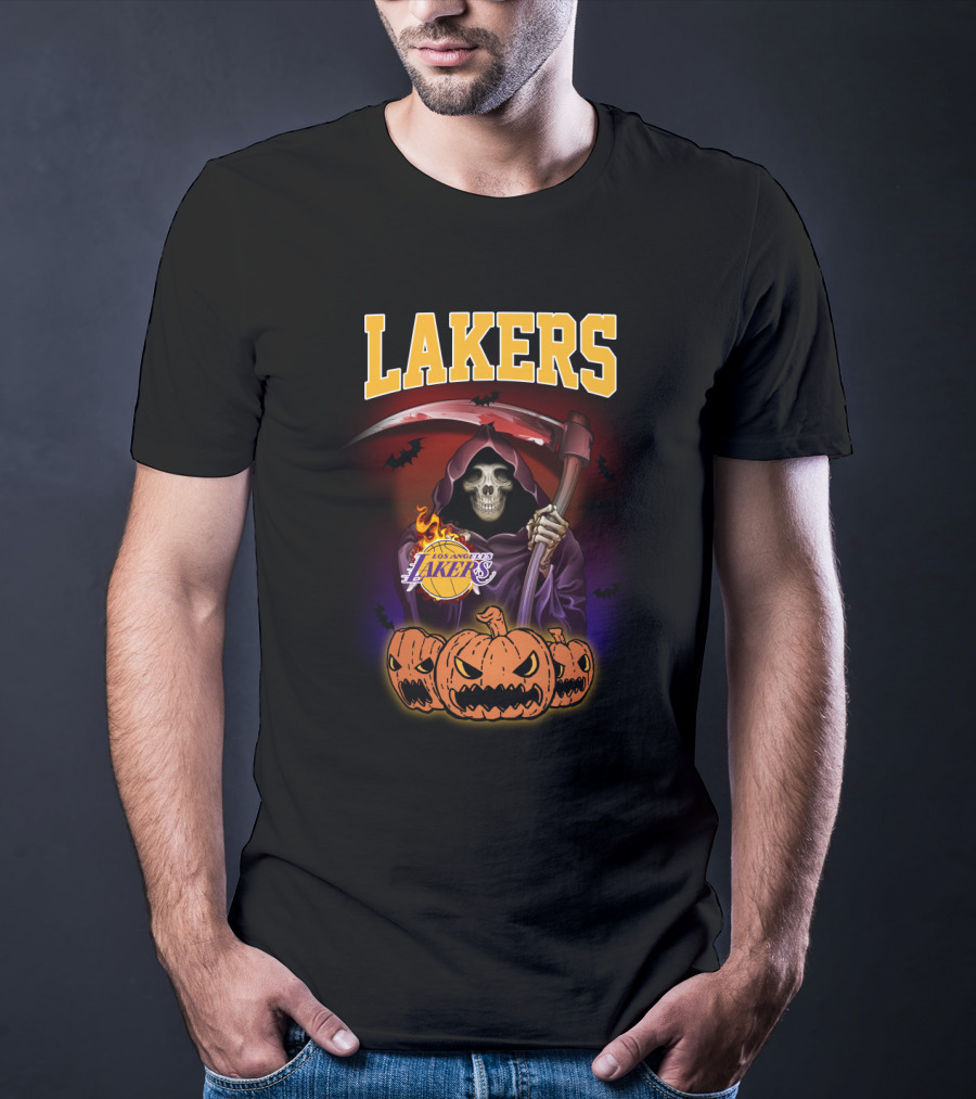 Los Angeles Lakers Reaper Skeleton With Pumpkins Halloween T-Shirt