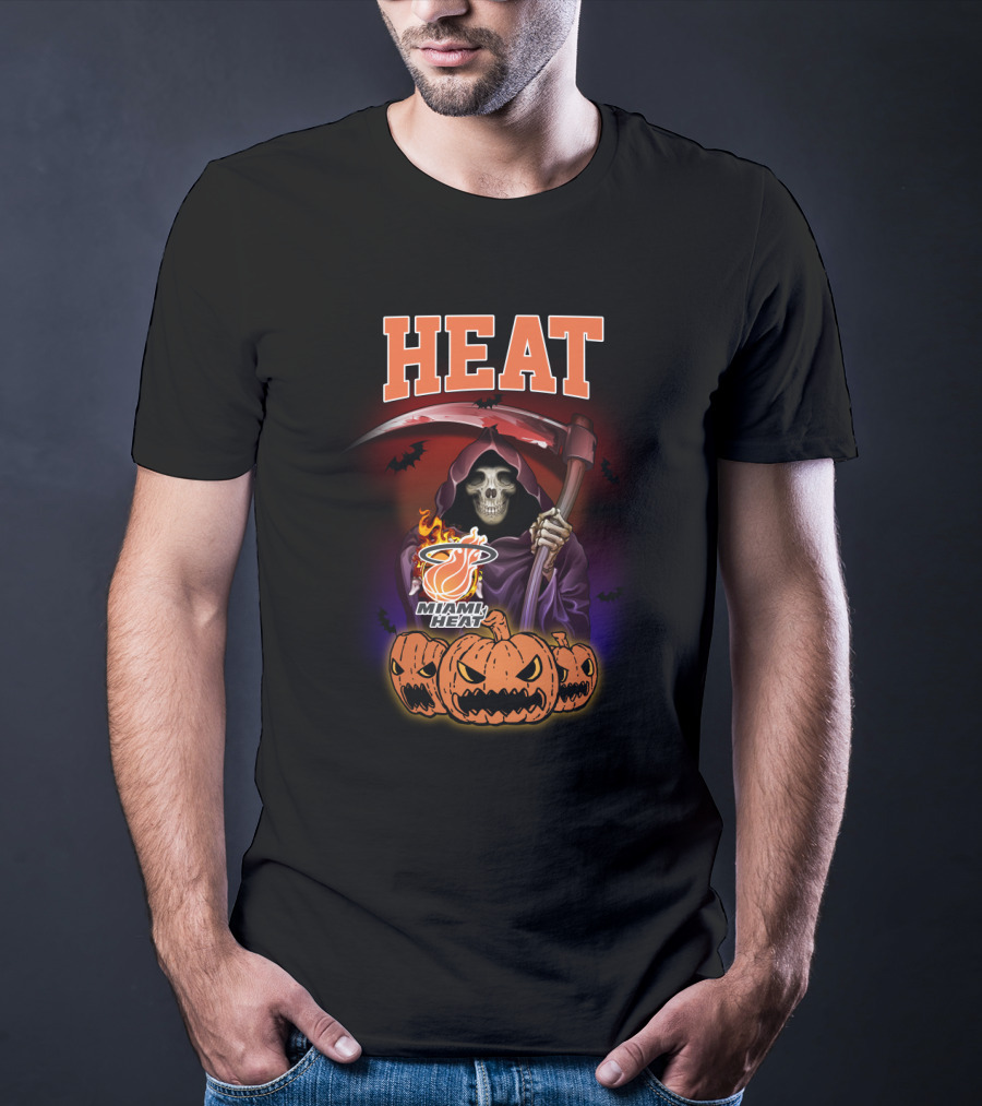 Miami Heat Reaper Halloween Theme With Pumpkins And Grim Scythe T-Shirt