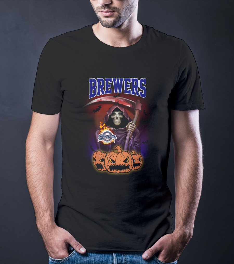 Brewers Halloween Reaper And Pumpkins With Milwaukee Brewers T-Shirt