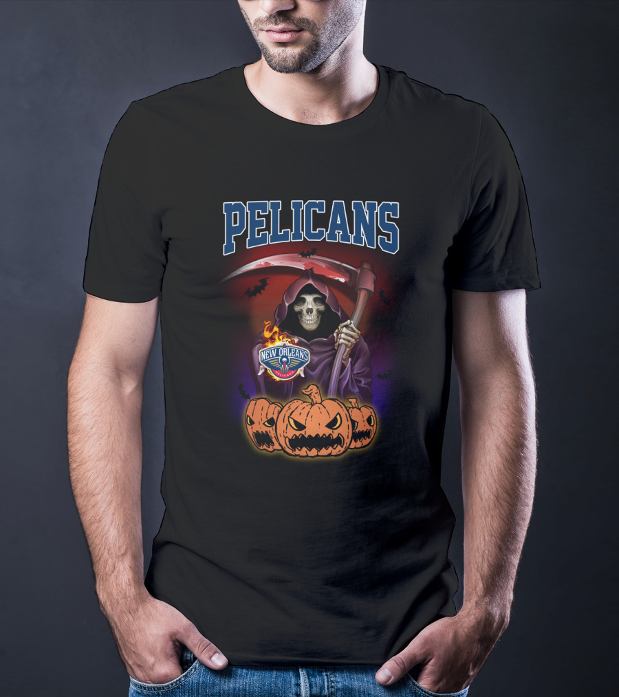 New Orleans Pelicans Grim Reaper Pumpkin Halloween T-Shirt