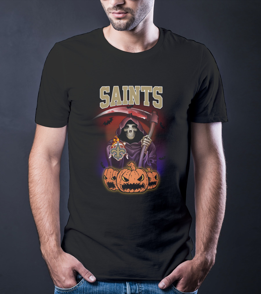 New Orleans Saints Reaper Holding Scythe With Pumpkins T-Shirt