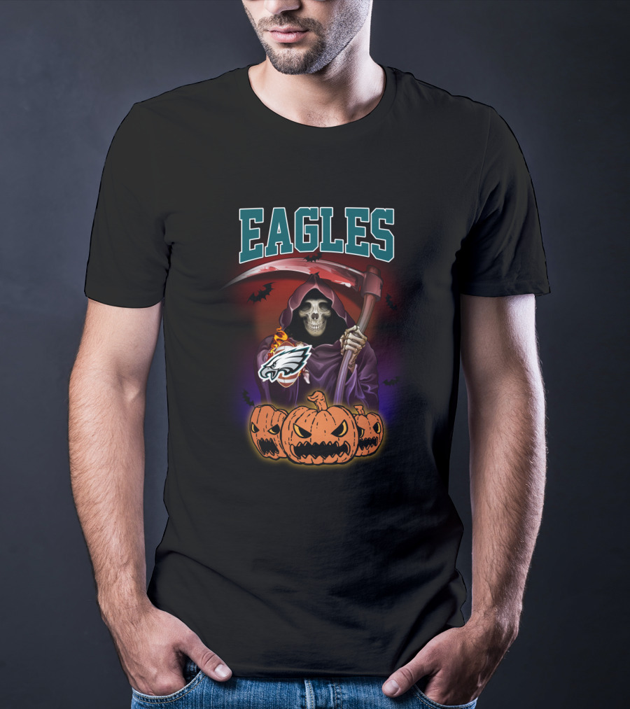 Eagles Reaper Halloween With Philadelphia Eagles Logo And Grim Pumpkin Trio T-Shirt