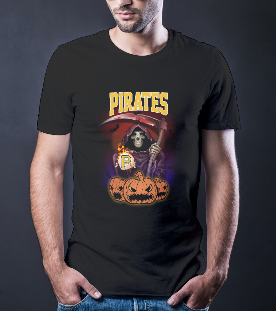 Pittsburgh Pirates Reaper With Scythe And Flaming Baseball Surrounded By Pumpkins Halloween T-Shirt