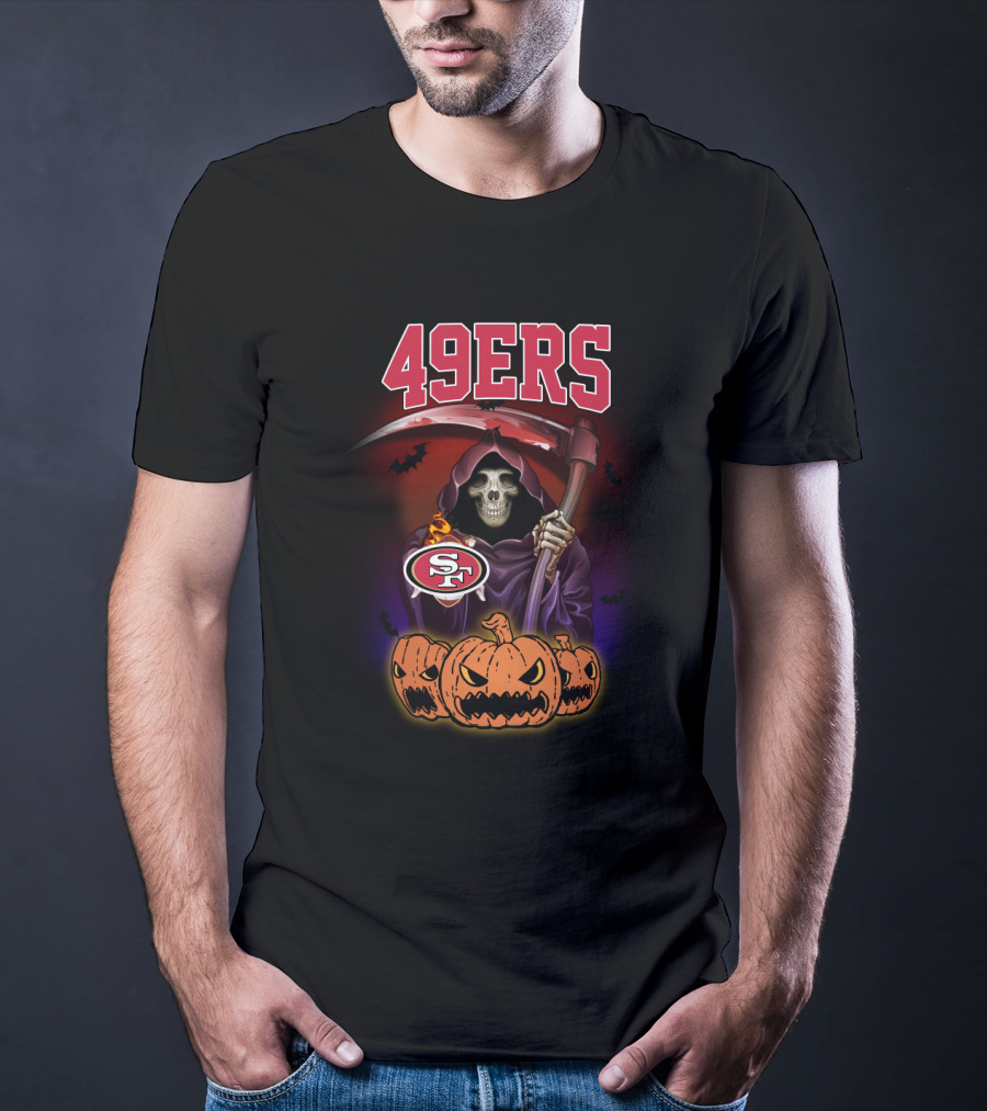 49ers Halloween Grim Reaper With Pumpkins And Scythe T-Shirt