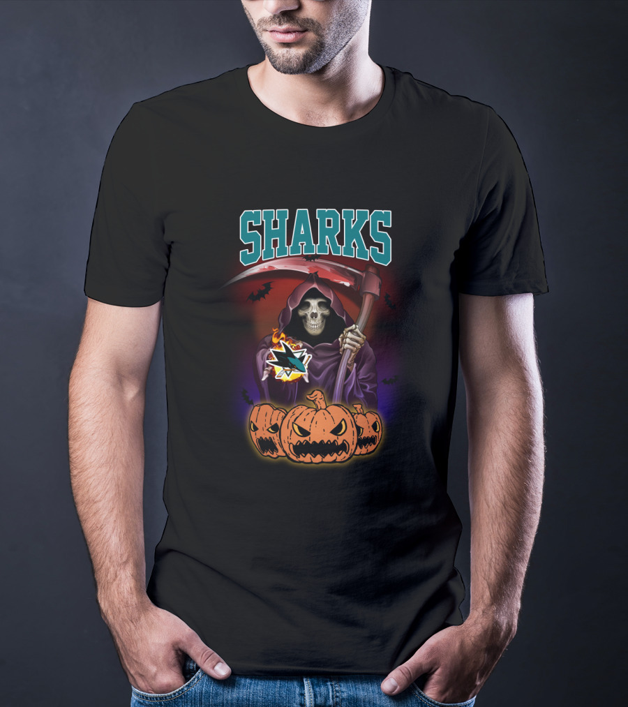 Sharks Reaper With Scythe And Pumpkins San Jose T-Shirt