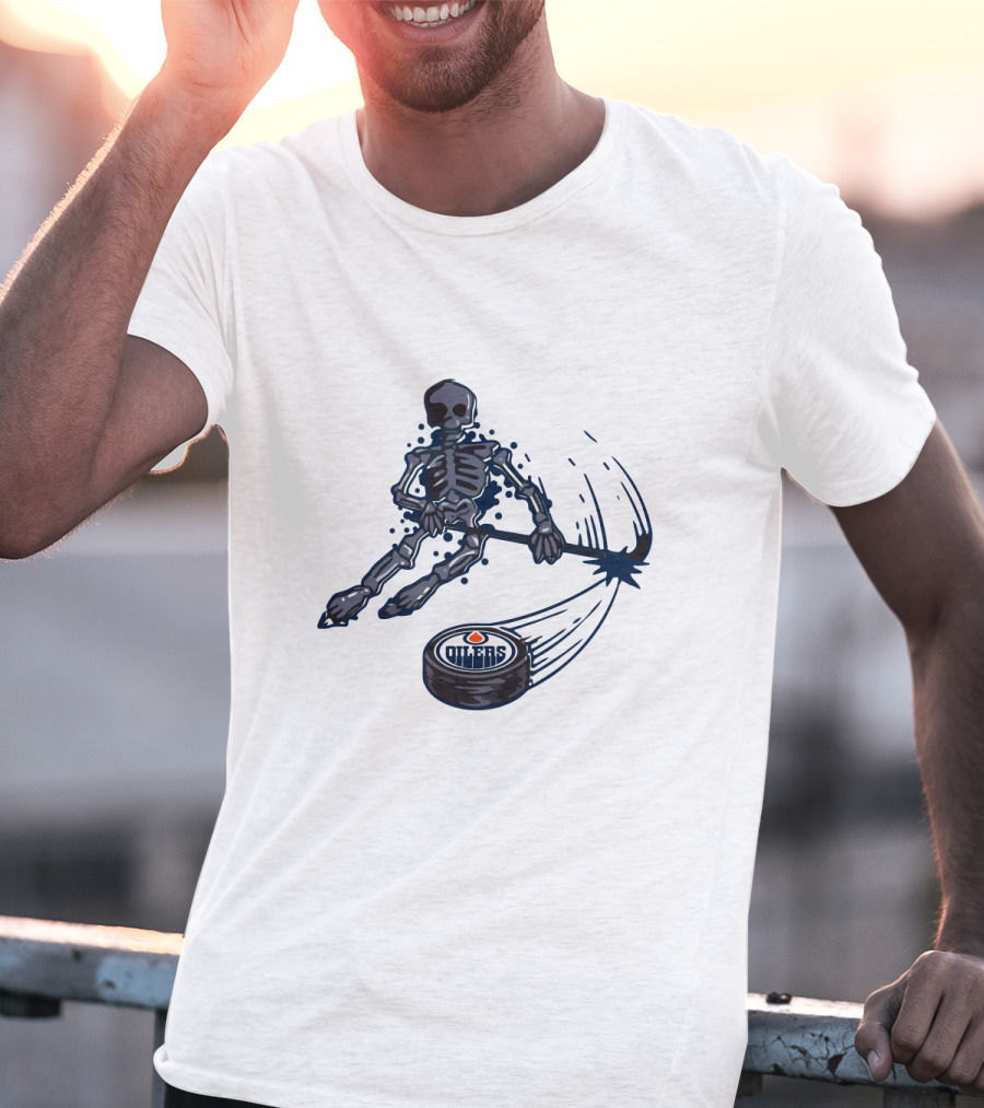 Edmonton Oilers Skeleton Playing Ice Hockey With Puck T-Shirt