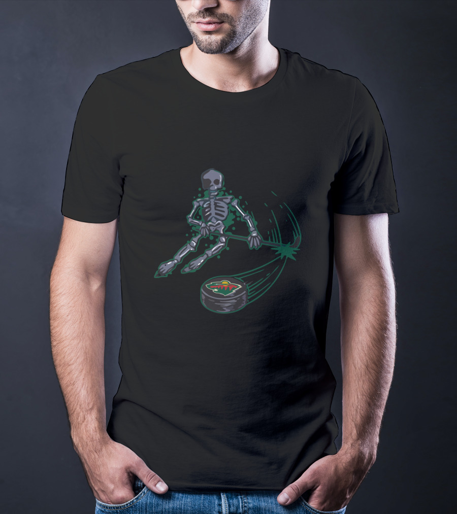 Skeleton Playing Ice Hockey With Minnesota Wild Puck T-Shirt