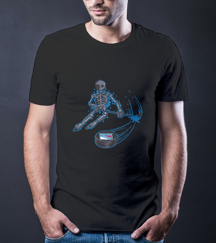 New York Rangers Skeleton Playing Ice Hockey With Puck T-Shirt