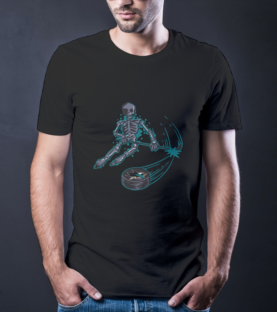 San Jose Sharks Skeleton Ice Hockey Graphic With Teal And Black Elements T-Shirt
