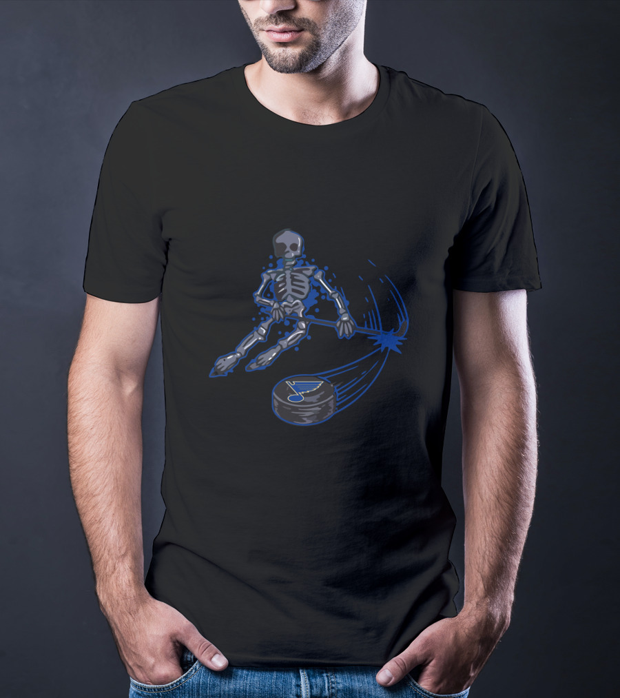 Skeleton Hockey Player With St. Louis Blues Logo Puck T-Shirt