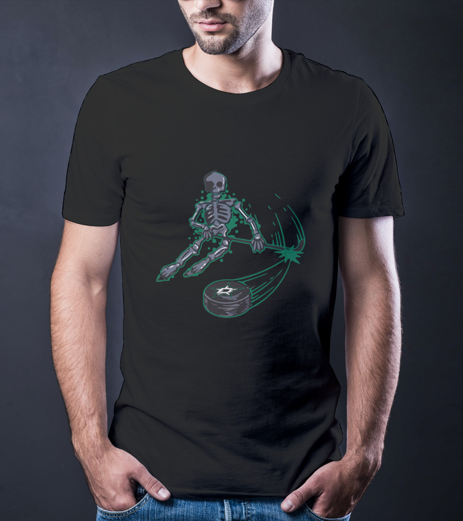 Skeleton Hockey Action With Dallas Stars Puck For Enthusiastic Fans T-Shirt