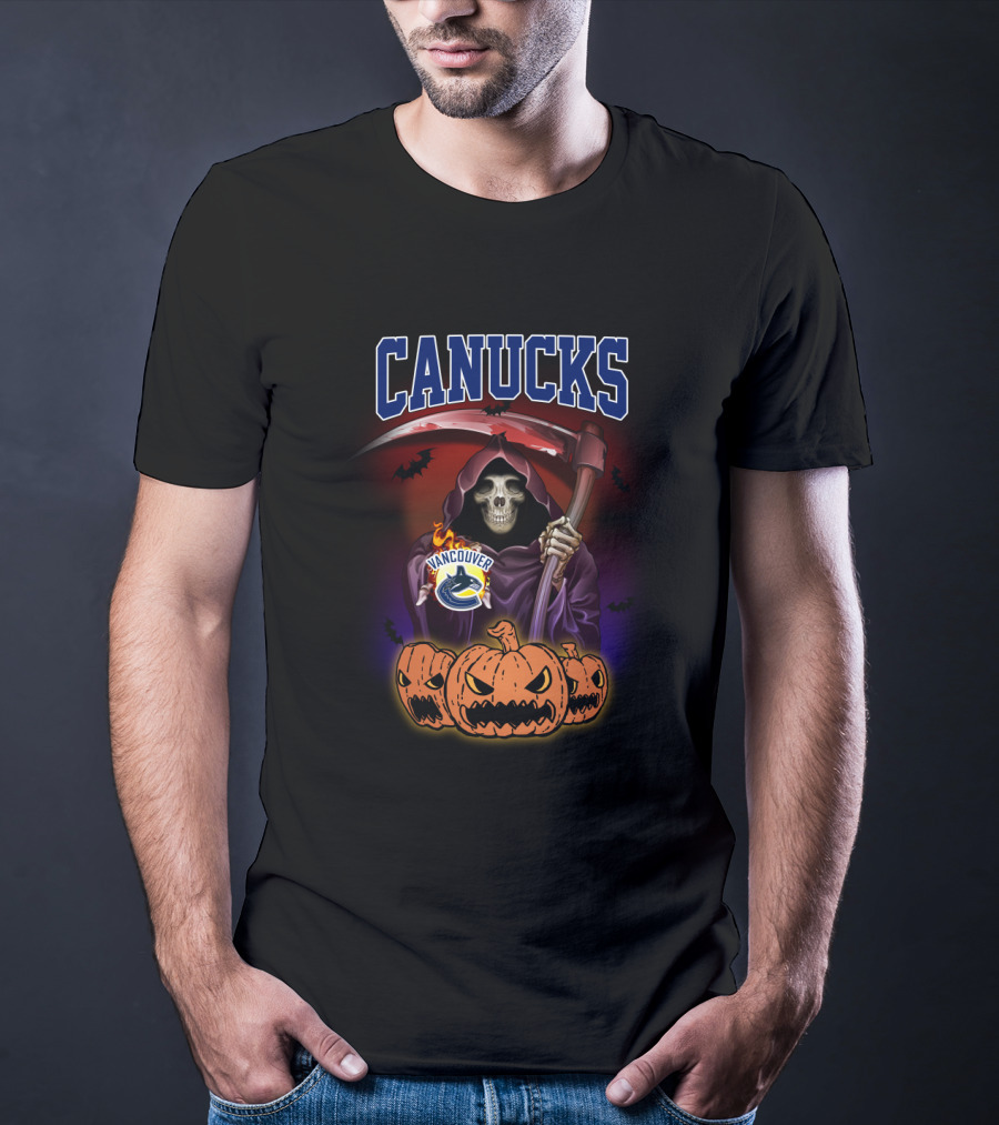 Vancouver Canucks Halloween Reaper With Scythe And Pumpkin Trio T-Shirt