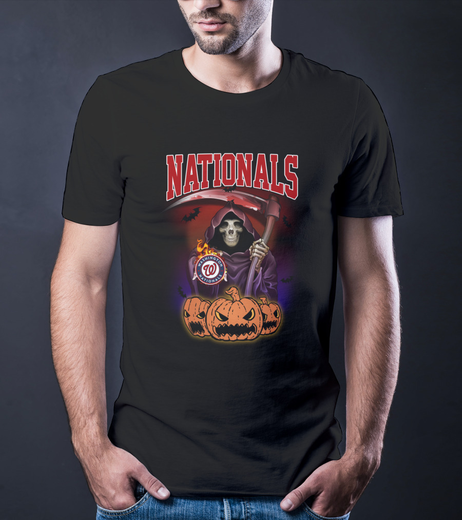 Nationals Grim Reaper With Washington Logo And Halloween Pumpkins T-Shirt
