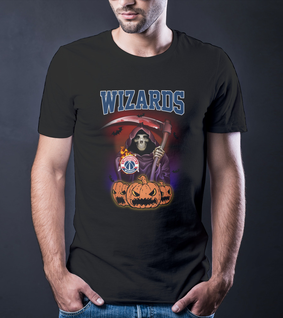 Wizards Skeleton With Scythe And Washington Wizards Logo Surrounded By Pumpkins T-Shirt