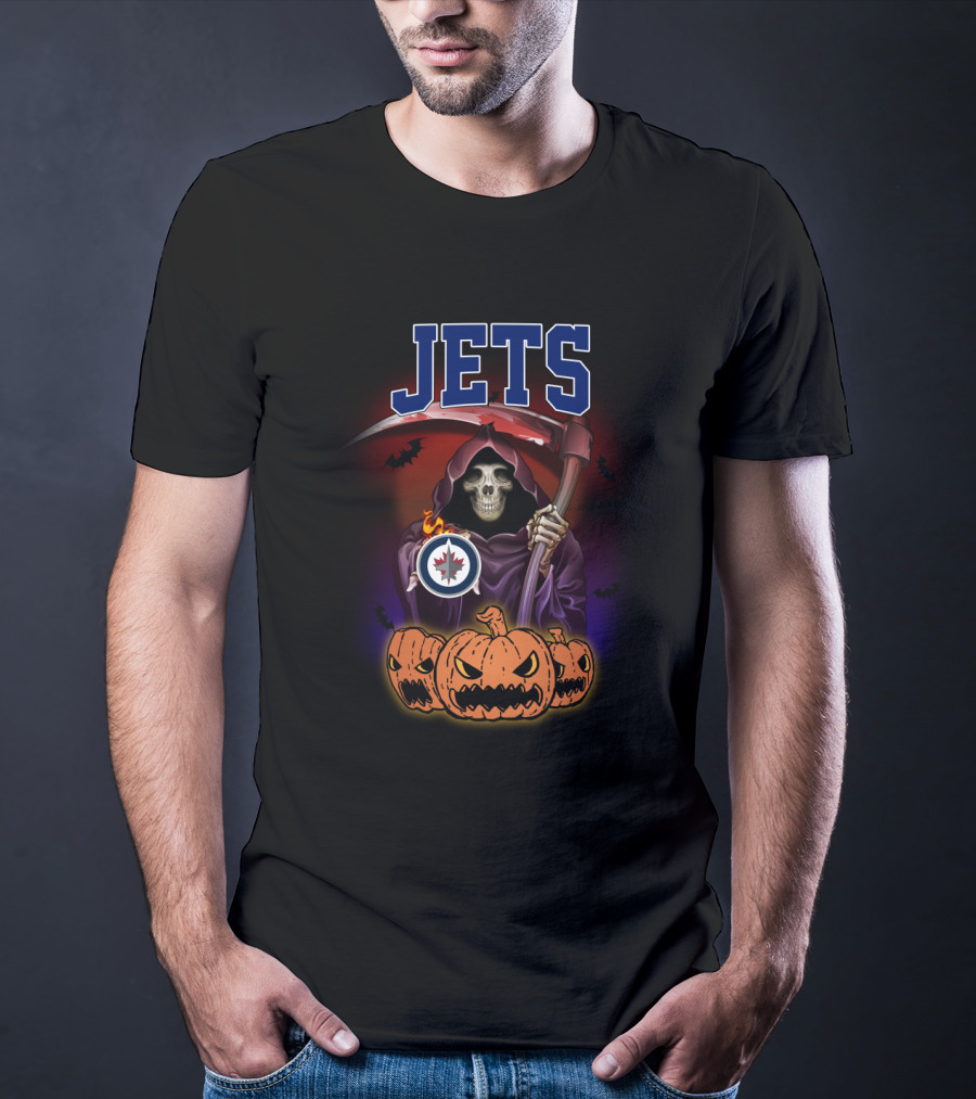 Winnipeg Jets Halloween Grim Reaper With Scythe And Pumpkins T-Shirt