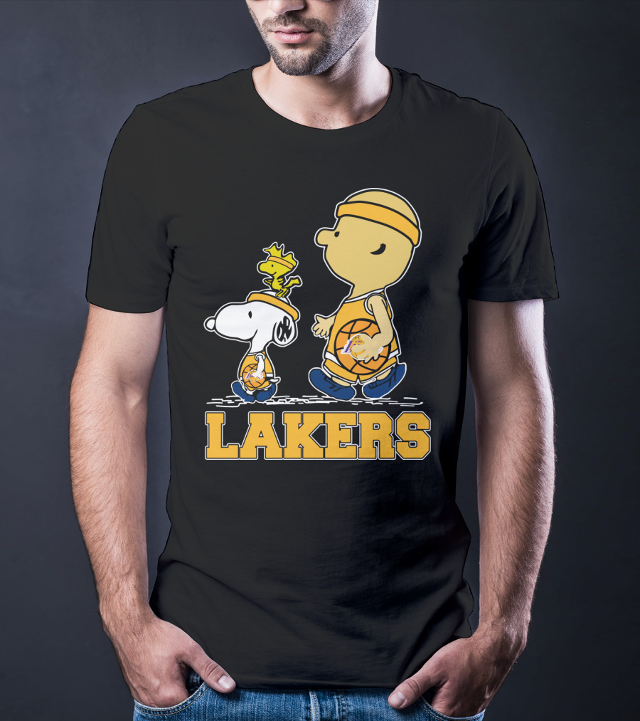 Snoopy And Woodstock With Basketballs For Los Angeles Lakers Fans T-Shirt
