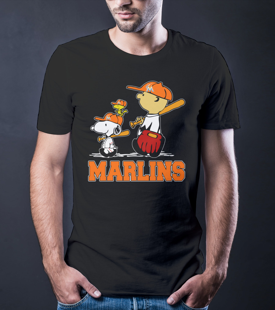 Marlins Snoopy Woodstock And Charlie Brown Baseball Fans T-Shirt