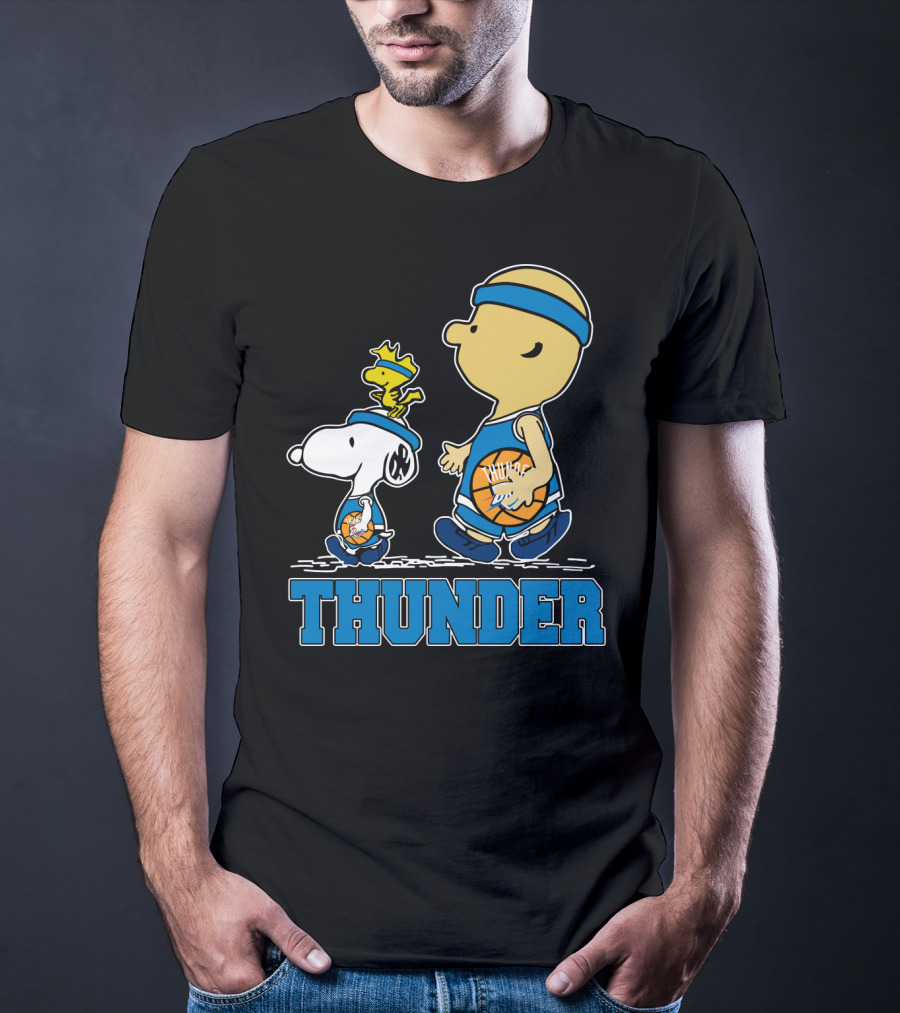 Snoopy And Oklahoma City Thunder Basketball Fans Walking With Woodstock T-Shirt