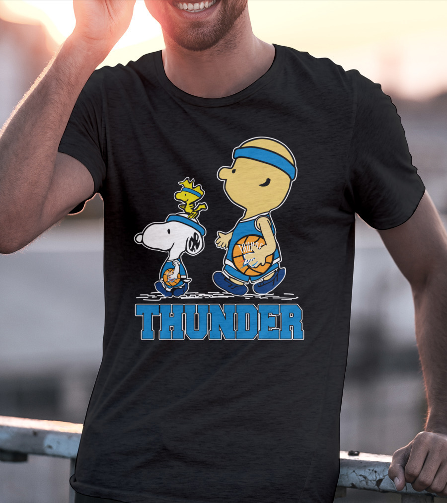 Snoopy And Oklahoma City Thunder Basketball Fans Walking With Woodstock T-Shirt