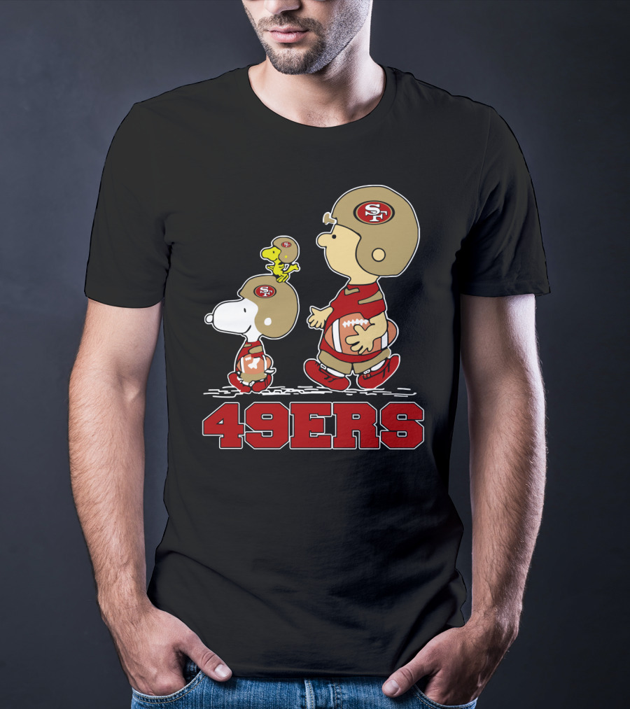 Snoopy And Woodstock With Charlie Brown San Francisco 49ers Football Team Fans T-Shirt