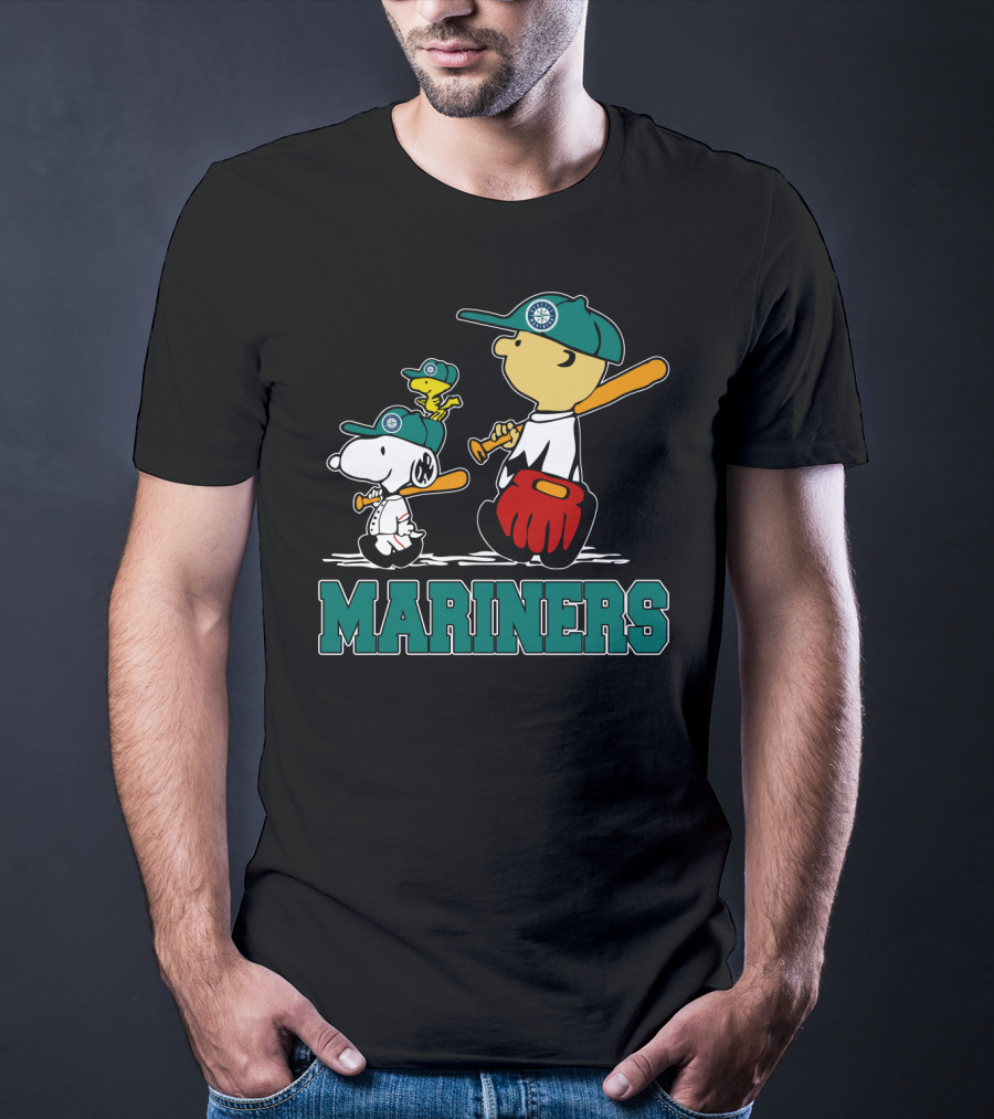 Snoopy Woodstock And Seattle Mariners Peanuts Baseball T-Shirt