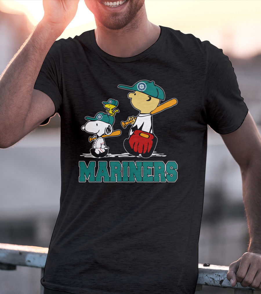 Snoopy Woodstock And Seattle Mariners Peanuts Baseball T-Shirt