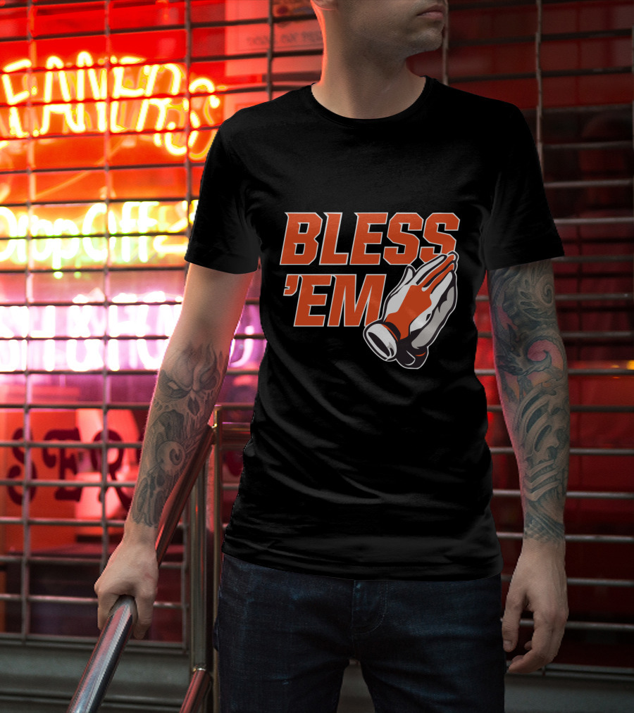 BLESS 'EM Praying Hands In Bold Orange And Black T-Shirt