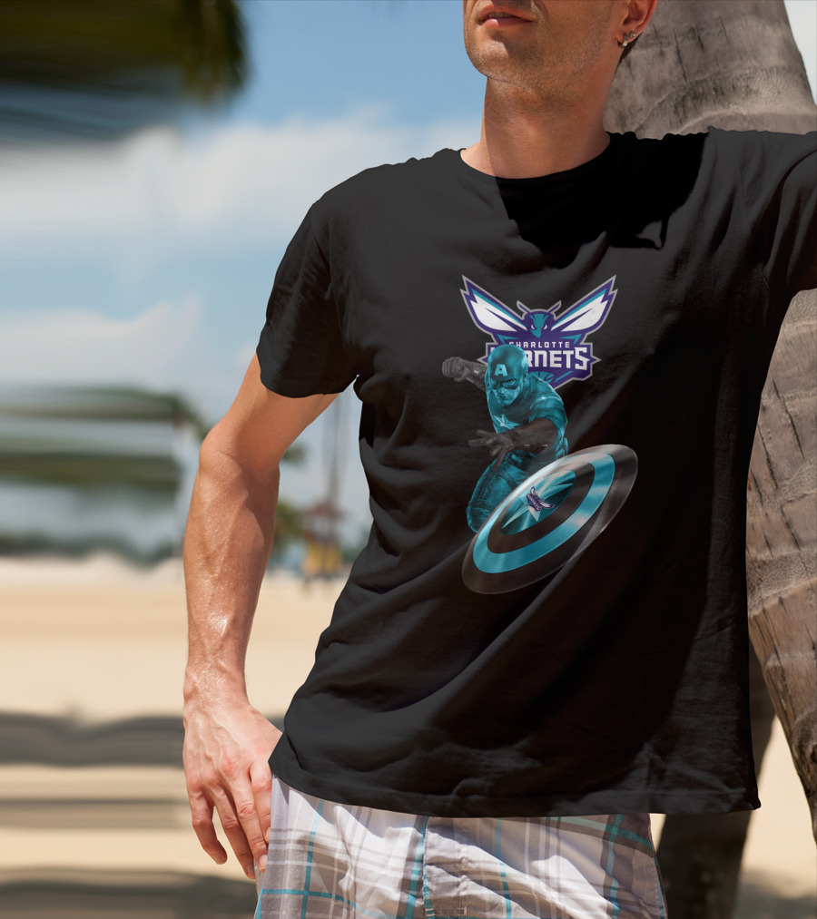 Charlotte Hornets Captain America Crossover Shield T-Shirt