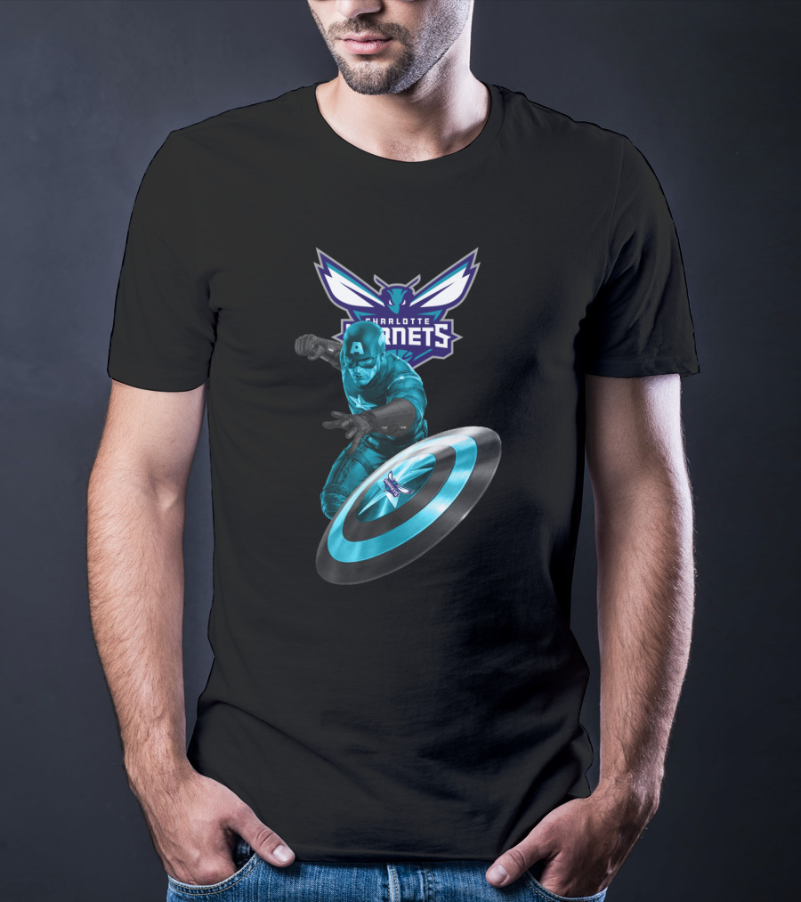Charlotte Hornets Captain America Crossover Shield T-Shirt