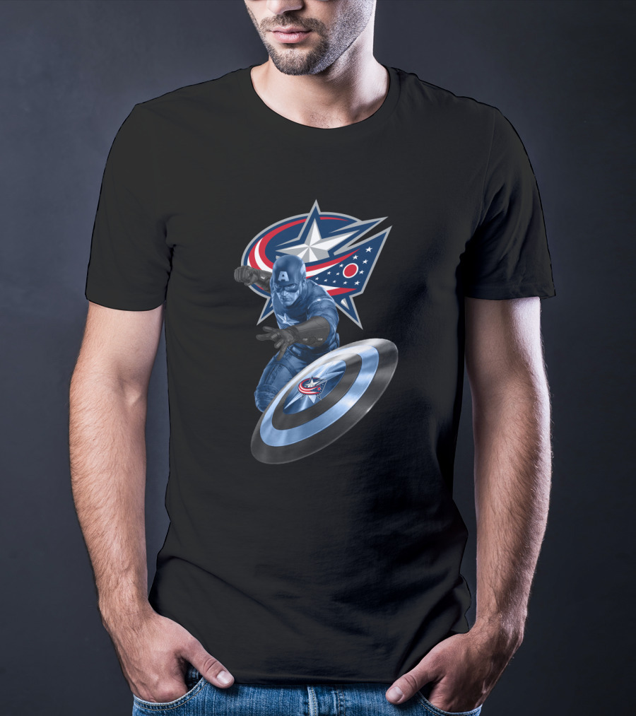 Columbus Blue Jackets Logo With Captain America Shield Iconic Crossover T-Shirt