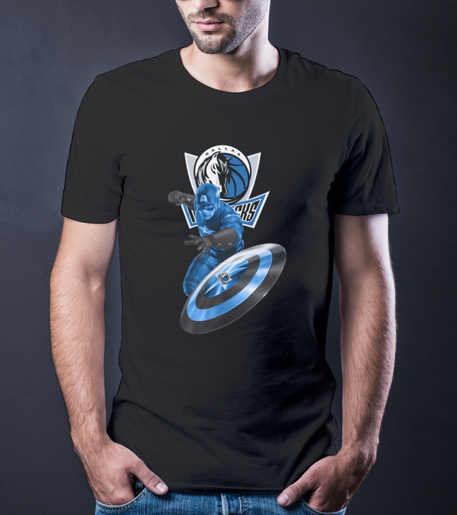 Dallas Mavericks Captain America Crossover Collaboration Featuring Iconic Shield T-Shirt