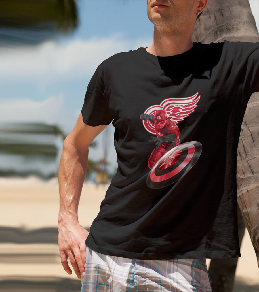 Detroit Red Wings Featuring Marvel's Captain America In Iconic Shield Pose T-Shirt