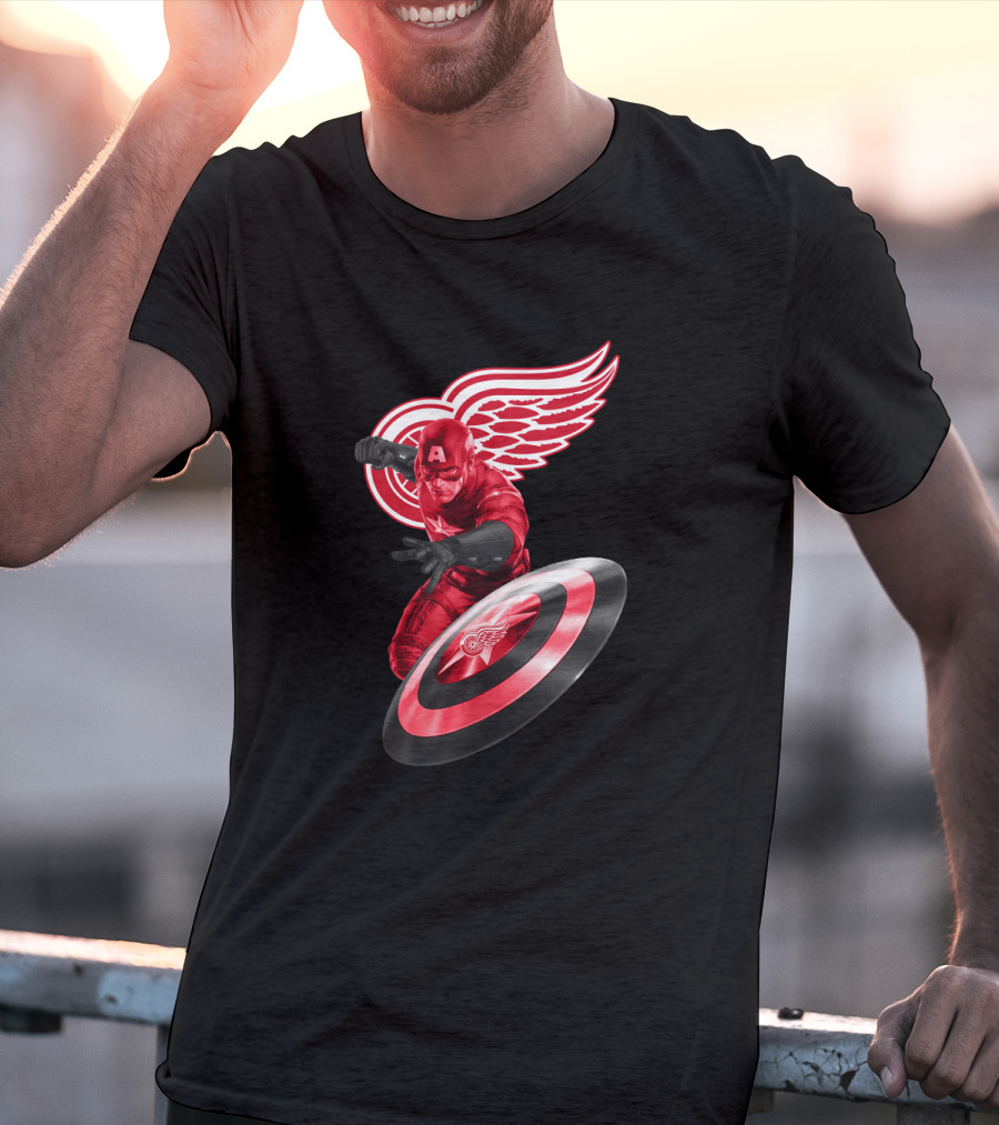 Detroit Red Wings Featuring Marvel's Captain America In Iconic Shield Pose T-Shirt