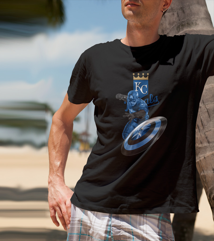 Kansas City Royals KC Logo Featuring Captain America Shield Design Blue T-Shirt