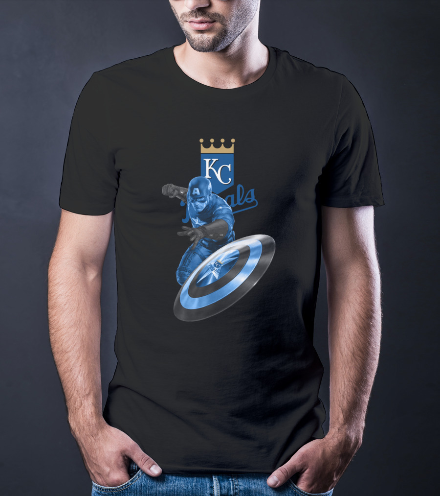 Kansas City Royals KC Logo Featuring Captain America Shield Design Blue T-Shirt