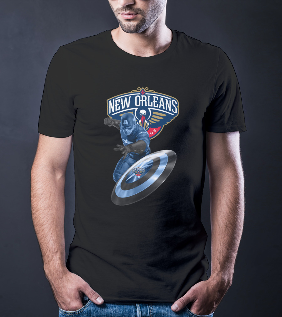 New Orleans Pelicans Captain America Collaboration Iconic Shield Crossover T-Shirt