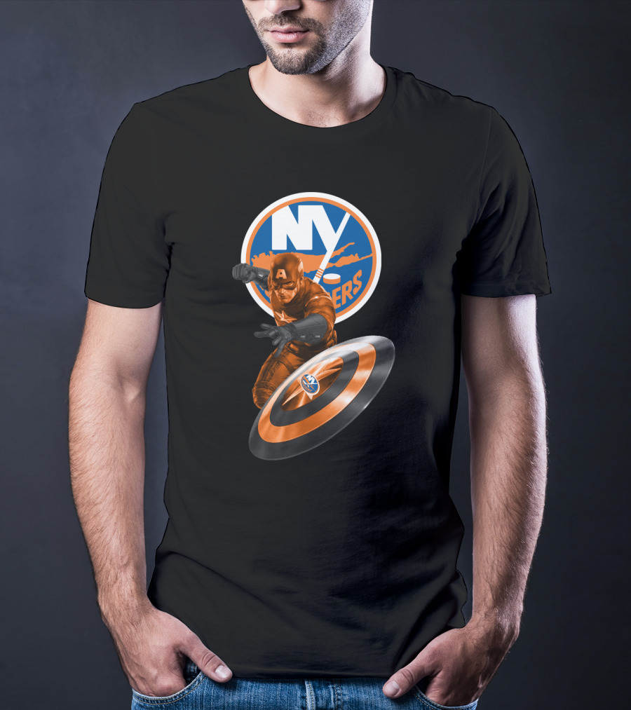 New York Islanders Captain America Collaboration Shield And Logo Graphics T-Shirt