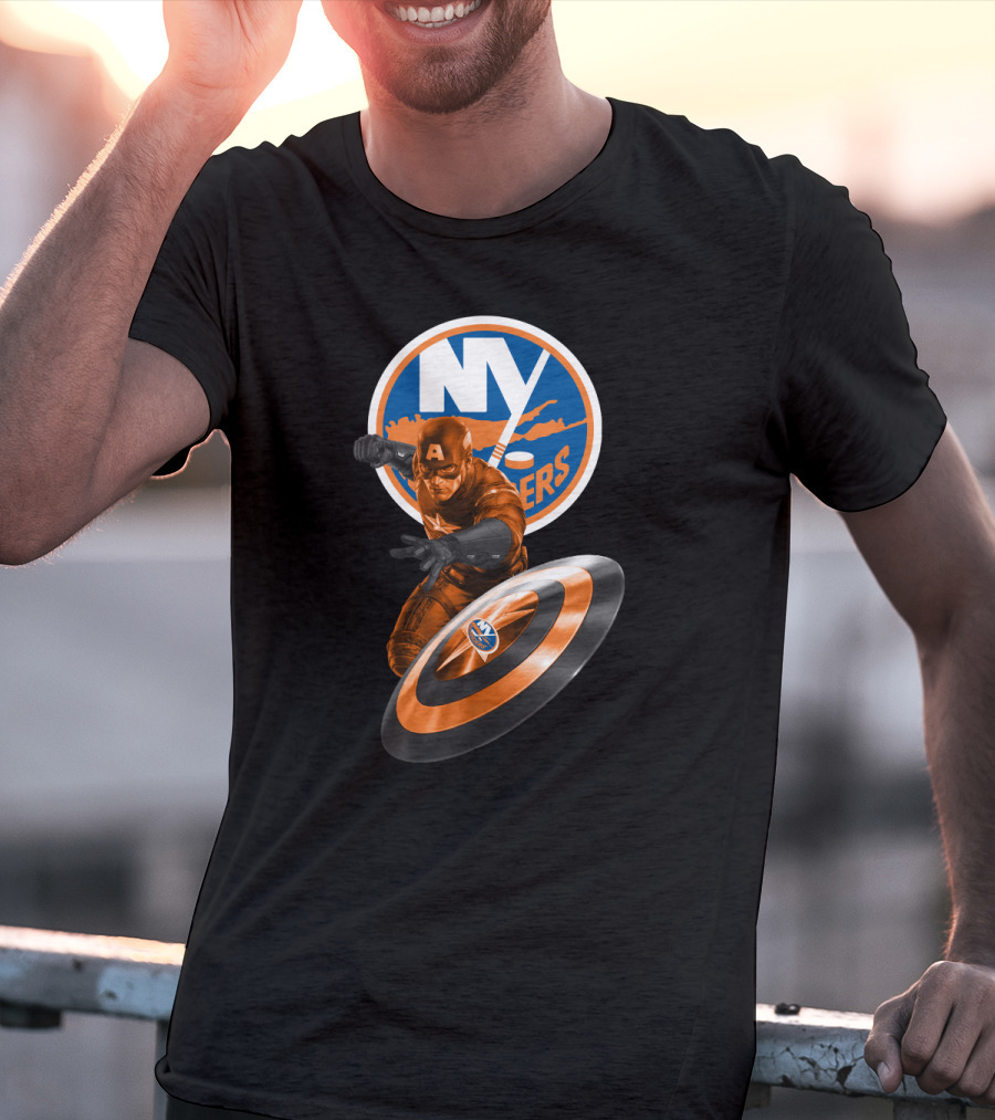 New York Islanders Captain America Collaboration Shield And Logo Graphics T-Shirt